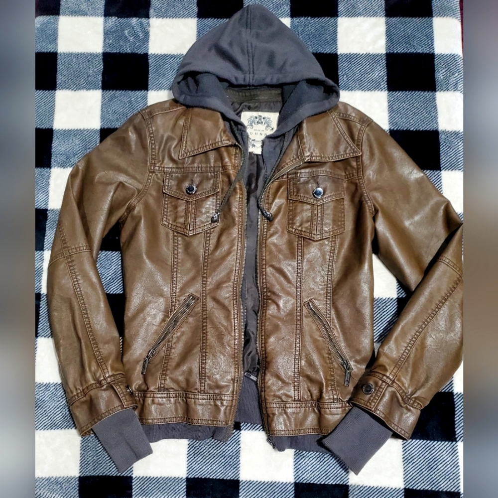 Made By Johnny Women's Small Brown Faux Leather Jacket With Removable Hood